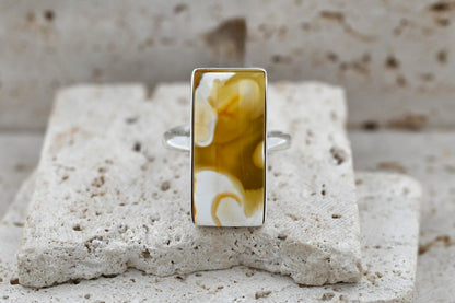 Unikatowy Prostokątny Pierścionek Mleczny Bursztynowy, Srebro 925
