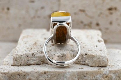 Unikatowy Prostokątny Pierścionek Mleczny Bursztynowy, Srebro 925