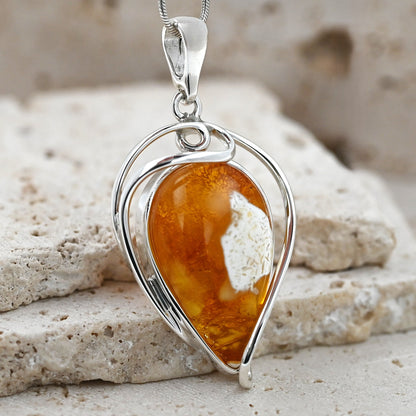 Pendant with Natural Baltic Amber · Openwork Silver 925 Setting · Milky Amber · Handmade Unique Piece · Artistic Jewelry