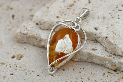 Pendant with Natural Baltic Amber · Openwork Silver 925 Setting · Milky Amber · Handmade Unique Piece · Artistic Jewelry