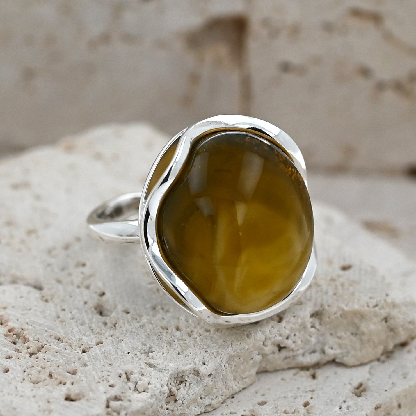 Unique Baltic Olive Amber Ring, Sterling Silver 925, Handmade Unique Piece, Artistic Jewelry