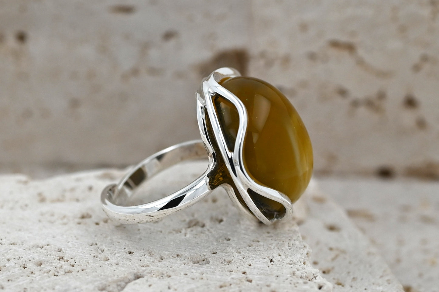 Unique Baltic Olive Amber Ring, Sterling Silver 925, Handmade Unique Piece, Artistic Jewelry
