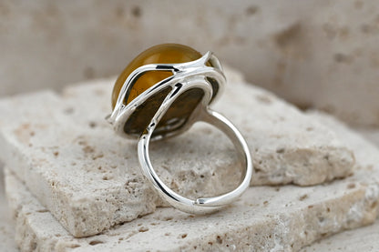 Unique Baltic Olive Amber Ring, Sterling Silver 925, Handmade Unique Piece, Artistic Jewelry