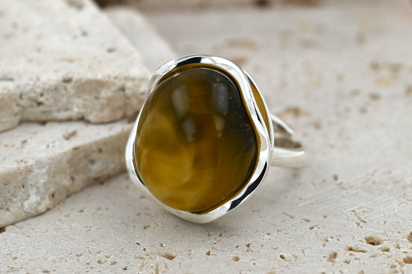Unique Baltic Olive Amber Ring, Sterling Silver 925, Handmade Unique Piece, Artistic Jewelry