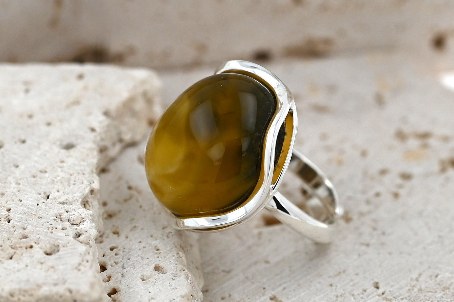 Unique Baltic Olive Amber Ring, Sterling Silver 925, Handmade Unique Piece, Artistic Jewelry
