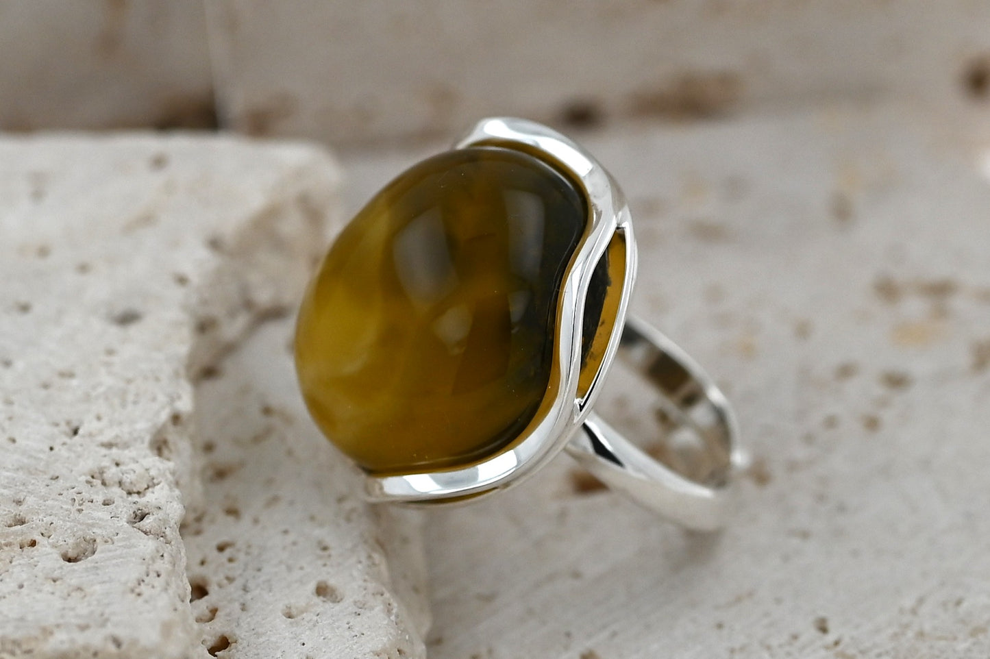 Unique Baltic Olive Amber Ring, Sterling Silver 925, Handmade Unique Piece, Artistic Jewelry