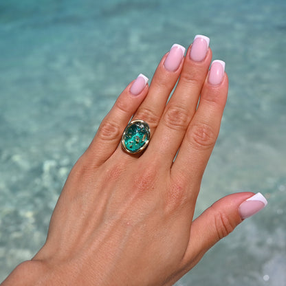 Pierścionek Bursztynowa Fala, Niebieski, Srebro 925