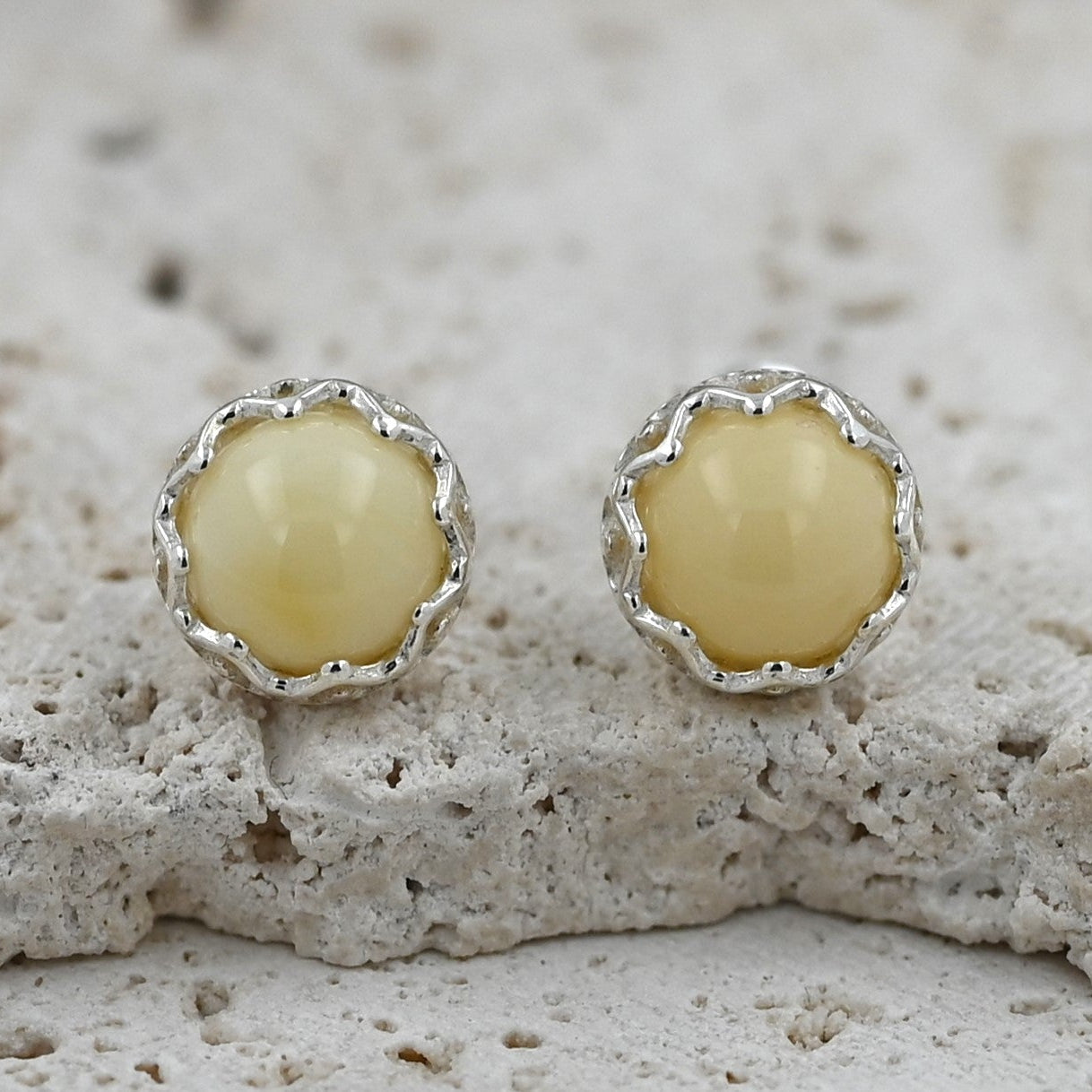 Kolczyki Bursztynowa Tiara, Mleczny, Srebro 925