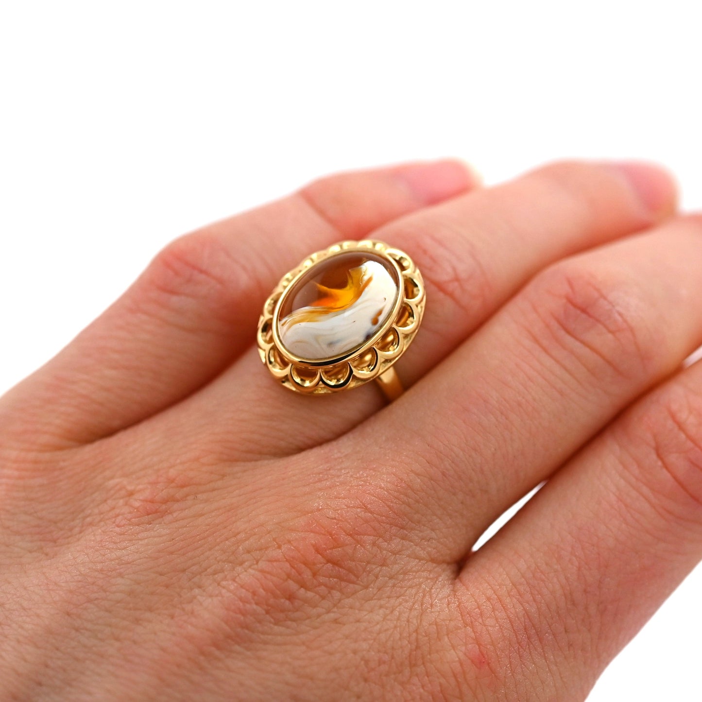 Unikatowy Pierścionek Bursztynowa Elegancja, Mleczny, Pozłacane Srebro