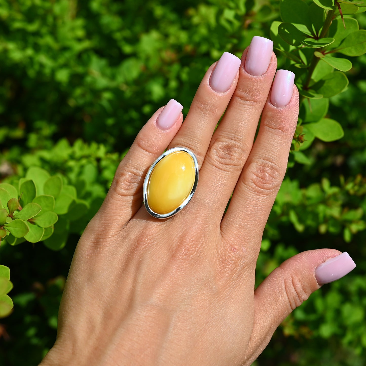 Large Amber Wave Ring, Yellow, Silver 925, Unique