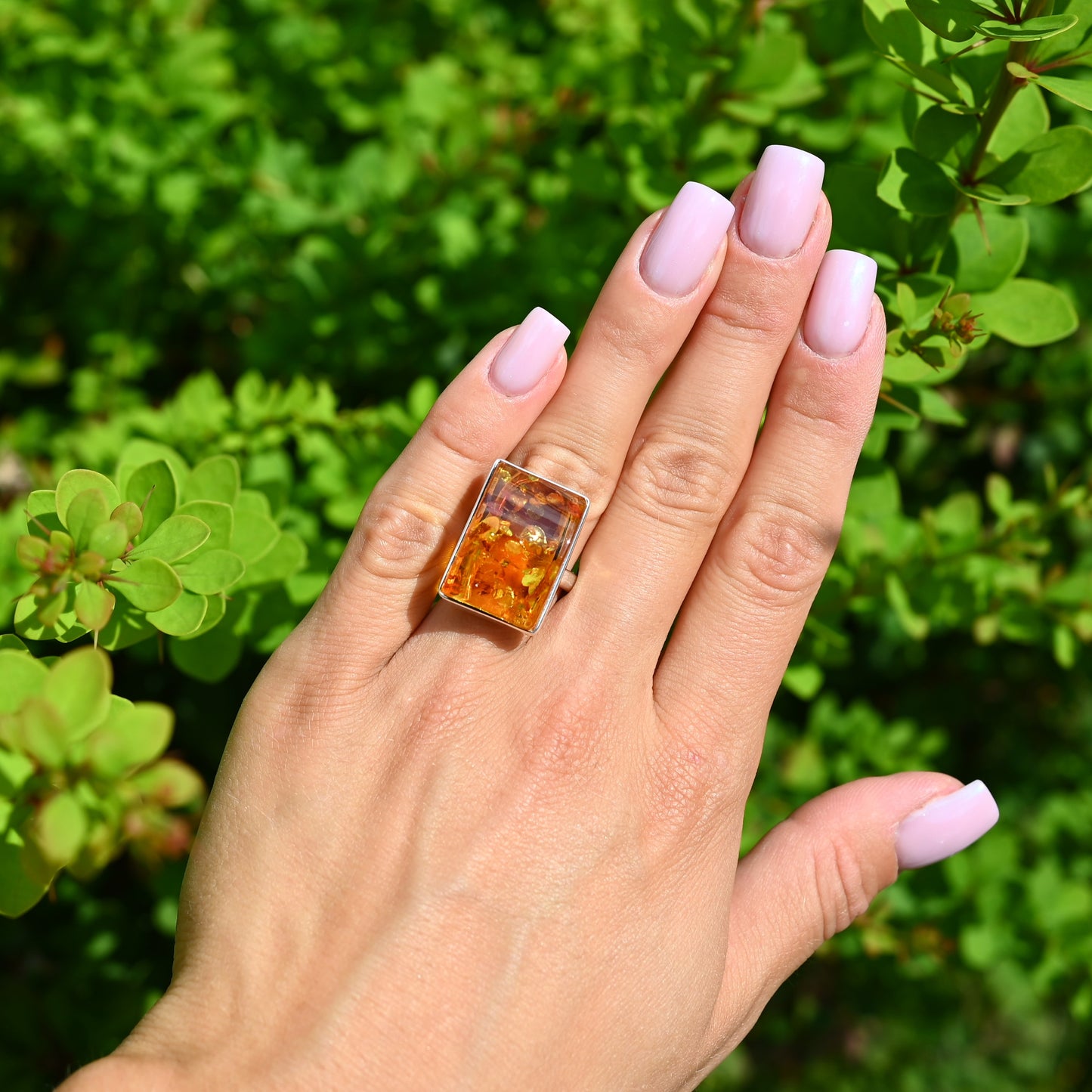 Rectangular Ring Amber, Cognac, Silver 925