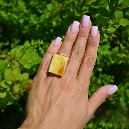 Rectangular Ring Amber, Yellow, Caramel, Silver 925, Unique