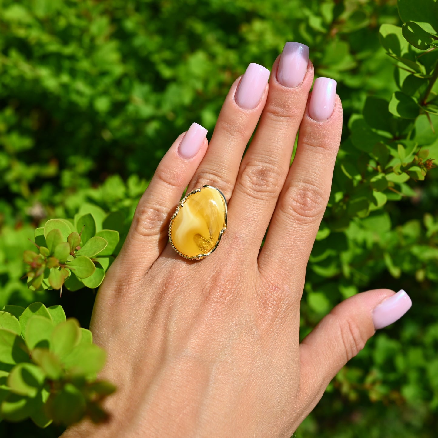 Luxury Baltic Amber Ring, Yellow, Milky, Gold-plated Silver, Unique