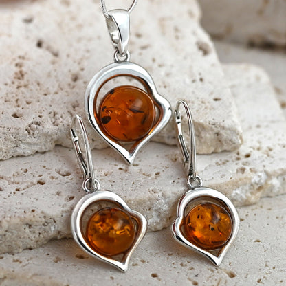Amber Heart Earrings, Cognac, Silver 925
