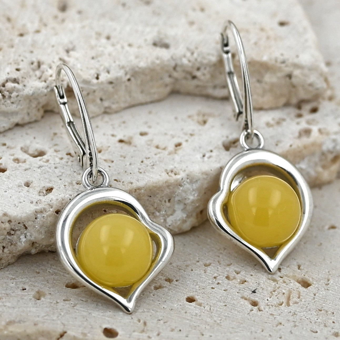 Amber Heart Earrings, Milky White, Silver 925