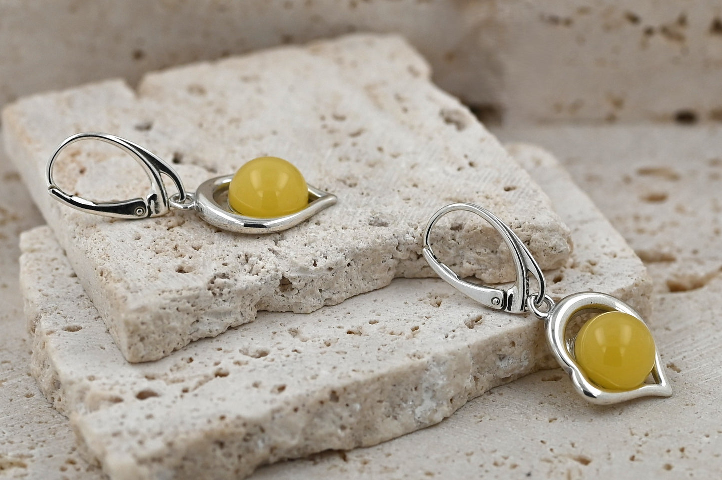 Amber Heart Earrings, Milky White, Silver 925