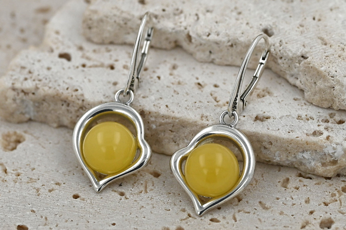 Amber Heart Earrings, Milky White, Silver 925