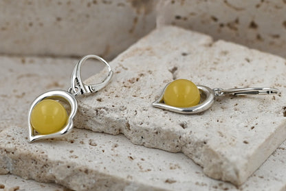 Amber Heart Earrings, Milky White, Silver 925