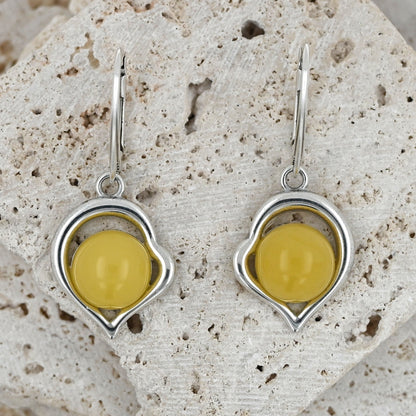 Amber Heart Earrings, Milky White, Silver 925