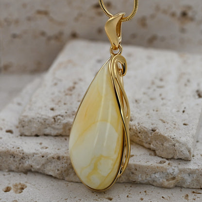 Unique Pendant with Milky Baltic Amber, Gold-Plated Silver 925