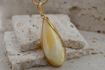 Unique Pendant with Milky Baltic Amber, Gold-Plated Silver 925