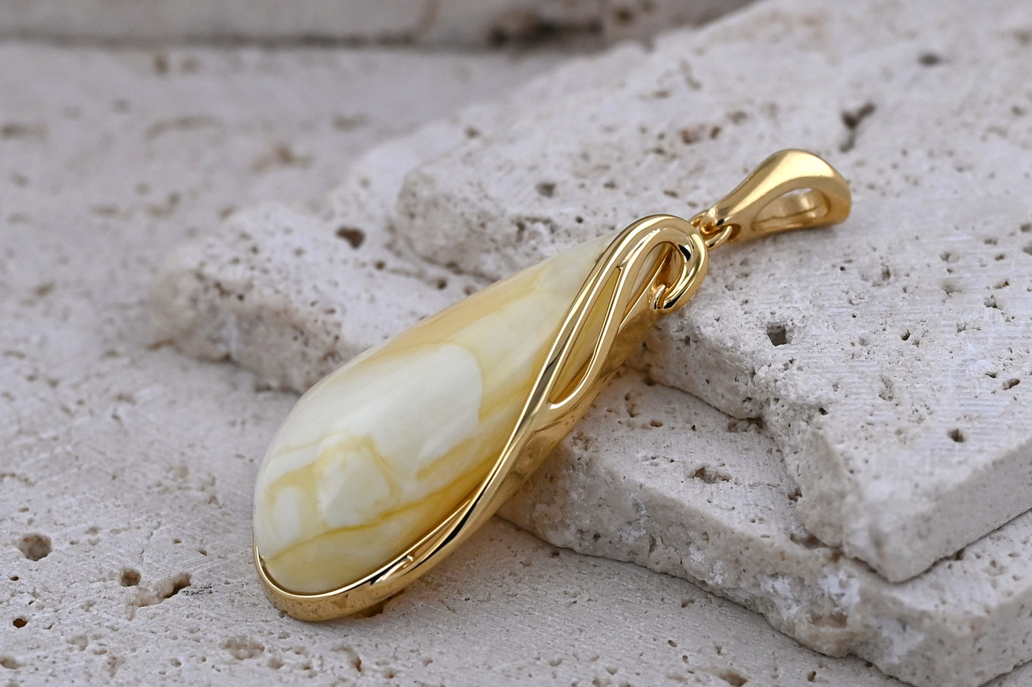 Unique Pendant with Milky Baltic Amber, Gold-Plated Silver 925