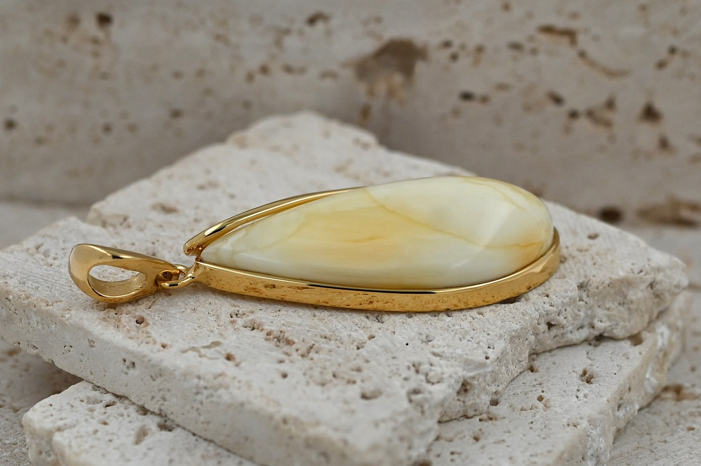 Unique Pendant with Milky Baltic Amber, Gold-Plated Silver 925