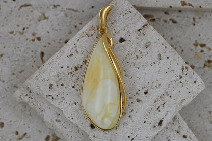 Unique Pendant with Milky Baltic Amber, Gold-Plated Silver 925