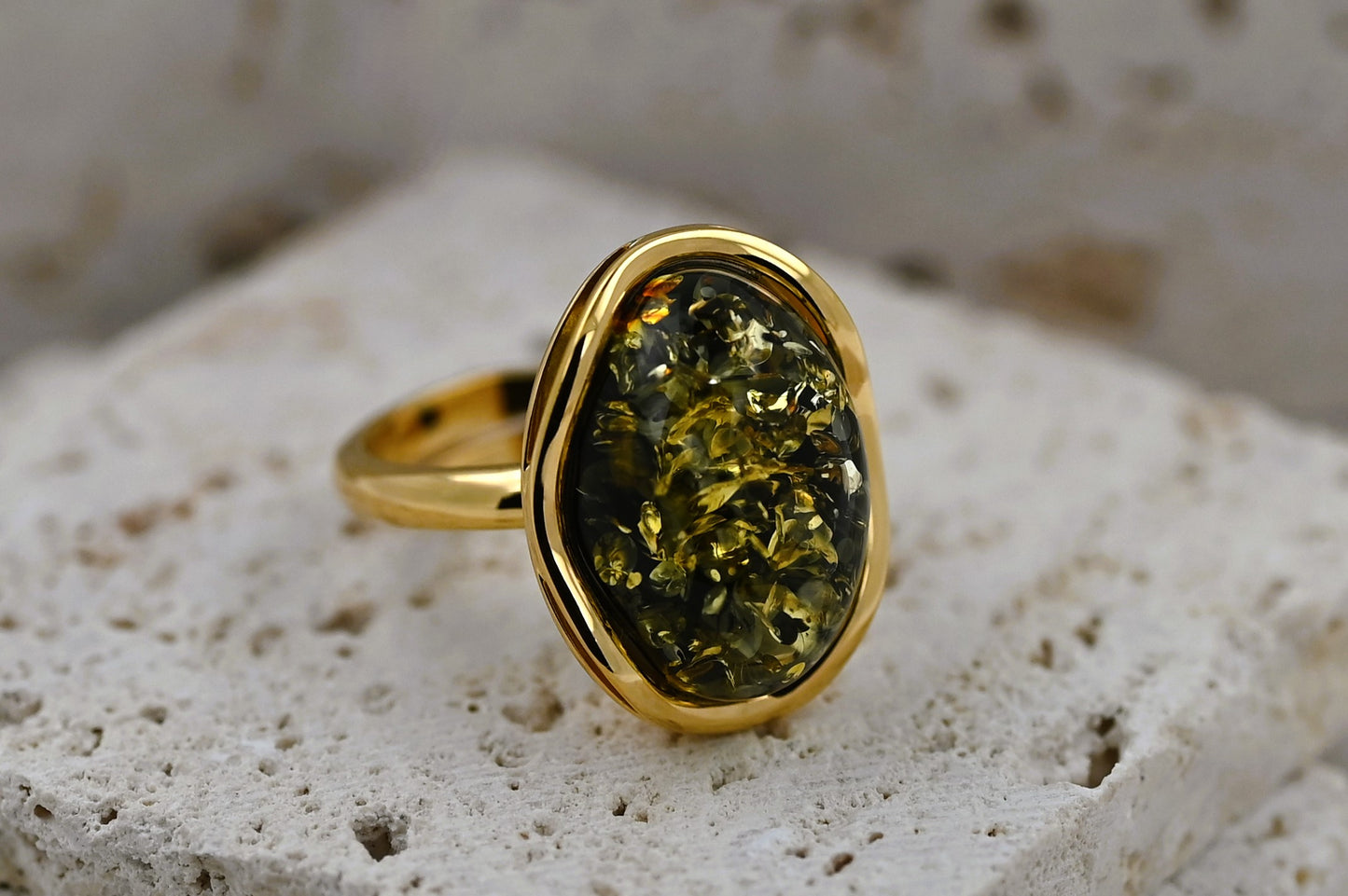 Amber Wave Ring, Green, Gold Plated Silver