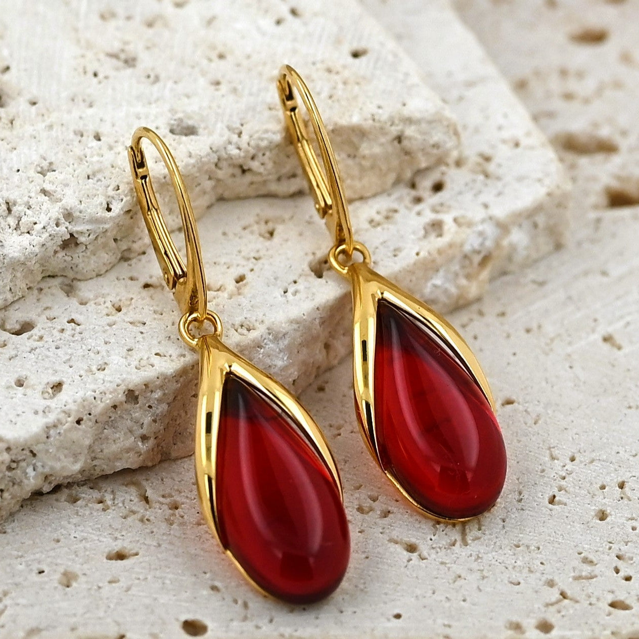Amber Drop Earrings, Red, Gold-plated silver