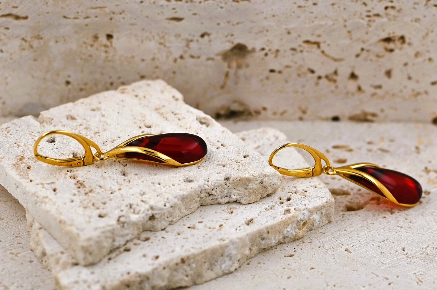 Amber Drop Earrings, Red, Gold-plated silver