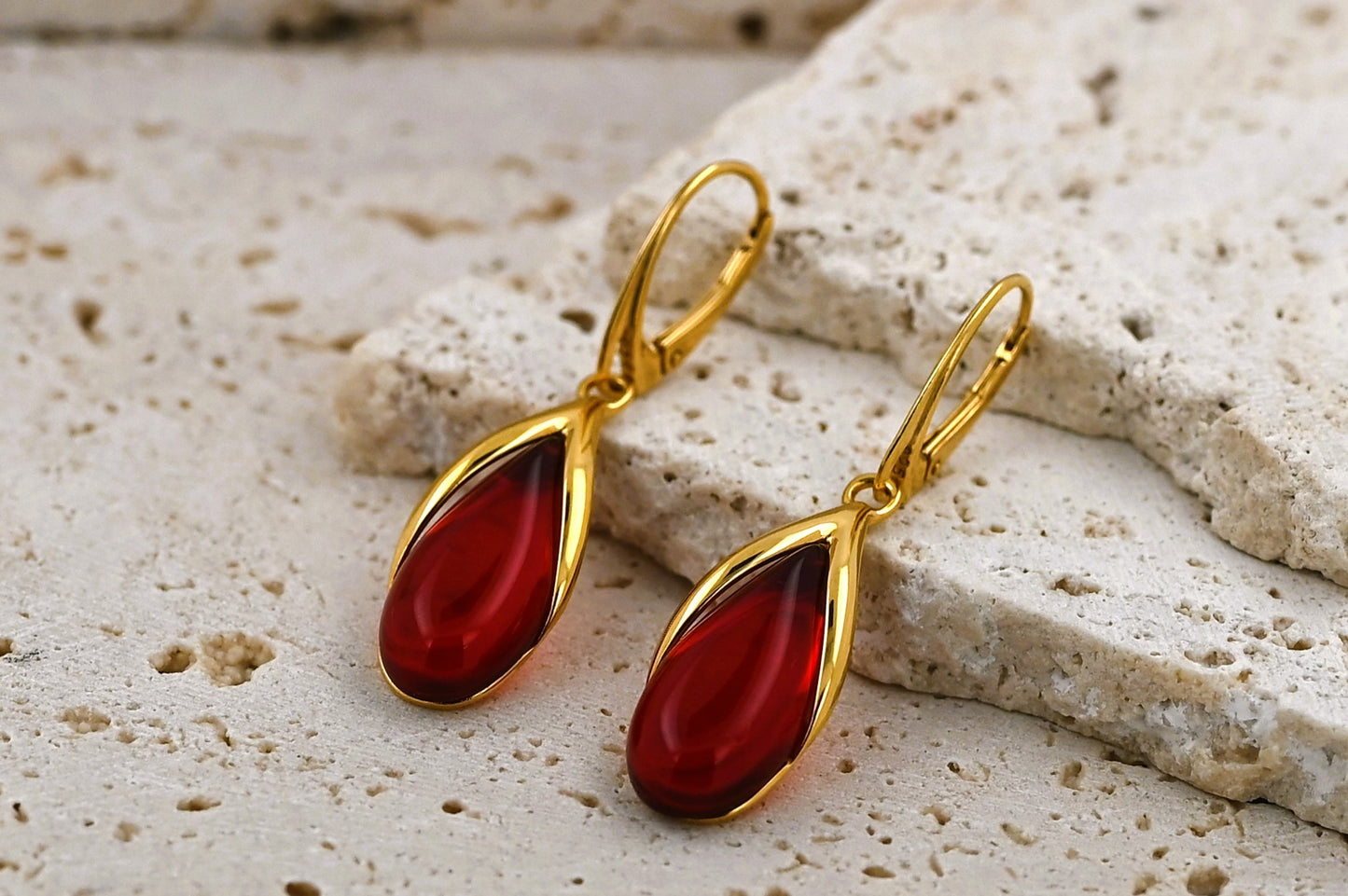 Amber Drop Earrings, Red, Gold-plated silver