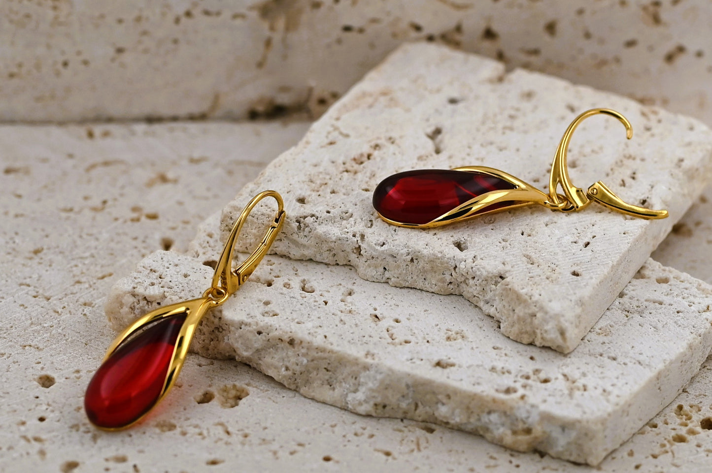 Amber Drop Earrings, Red, Gold-plated silver