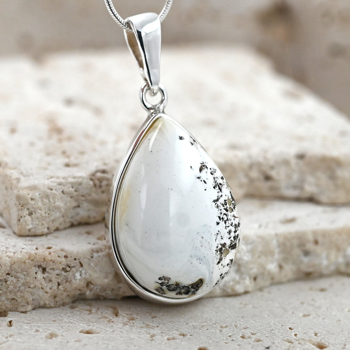 Unique Natural White Amber Pendant, Black Milky Amber, 925 Silver