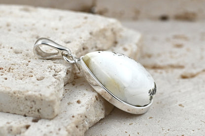 Unique Natural White Amber Pendant, Black Milky Amber, 925 Silver
