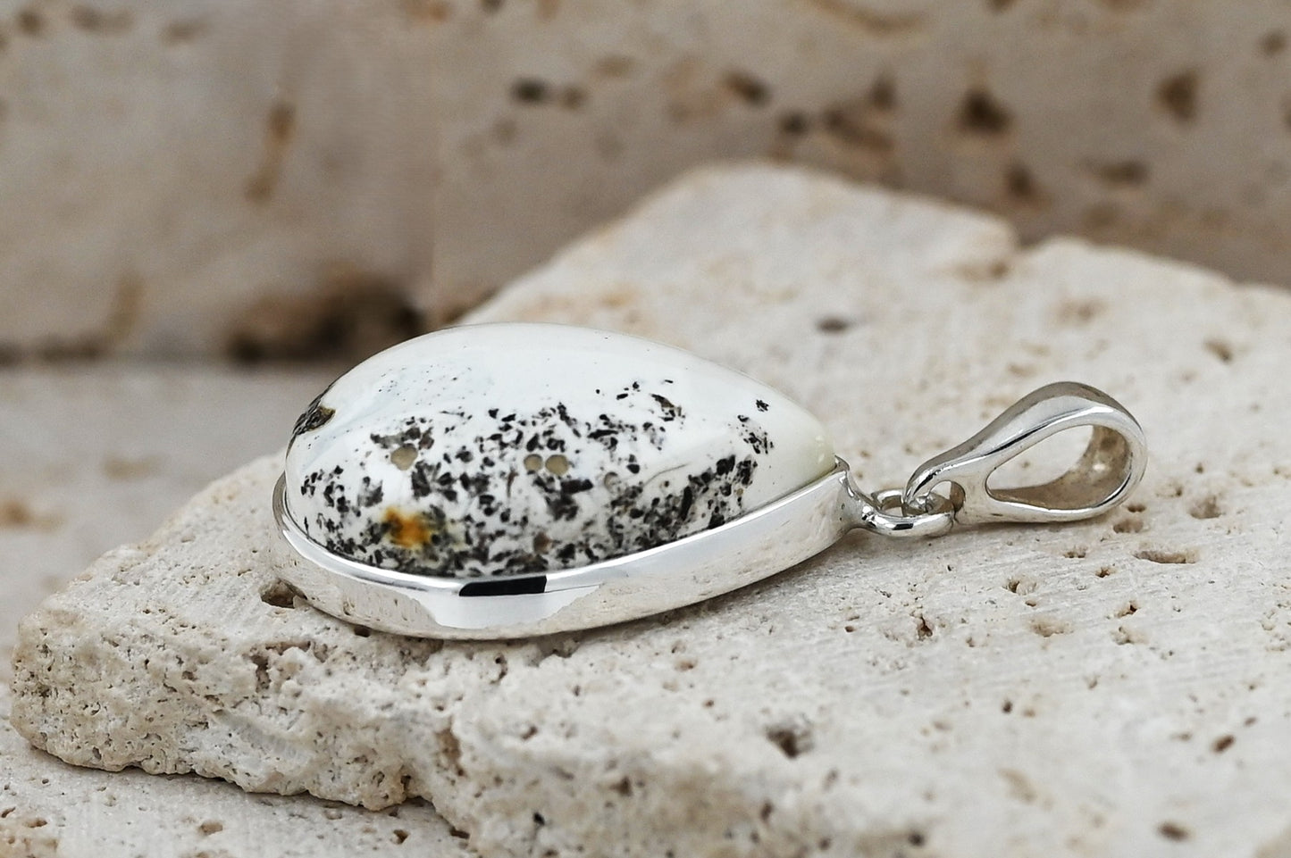Unique Natural White Amber Pendant, Black Milky Amber, 925 Silver