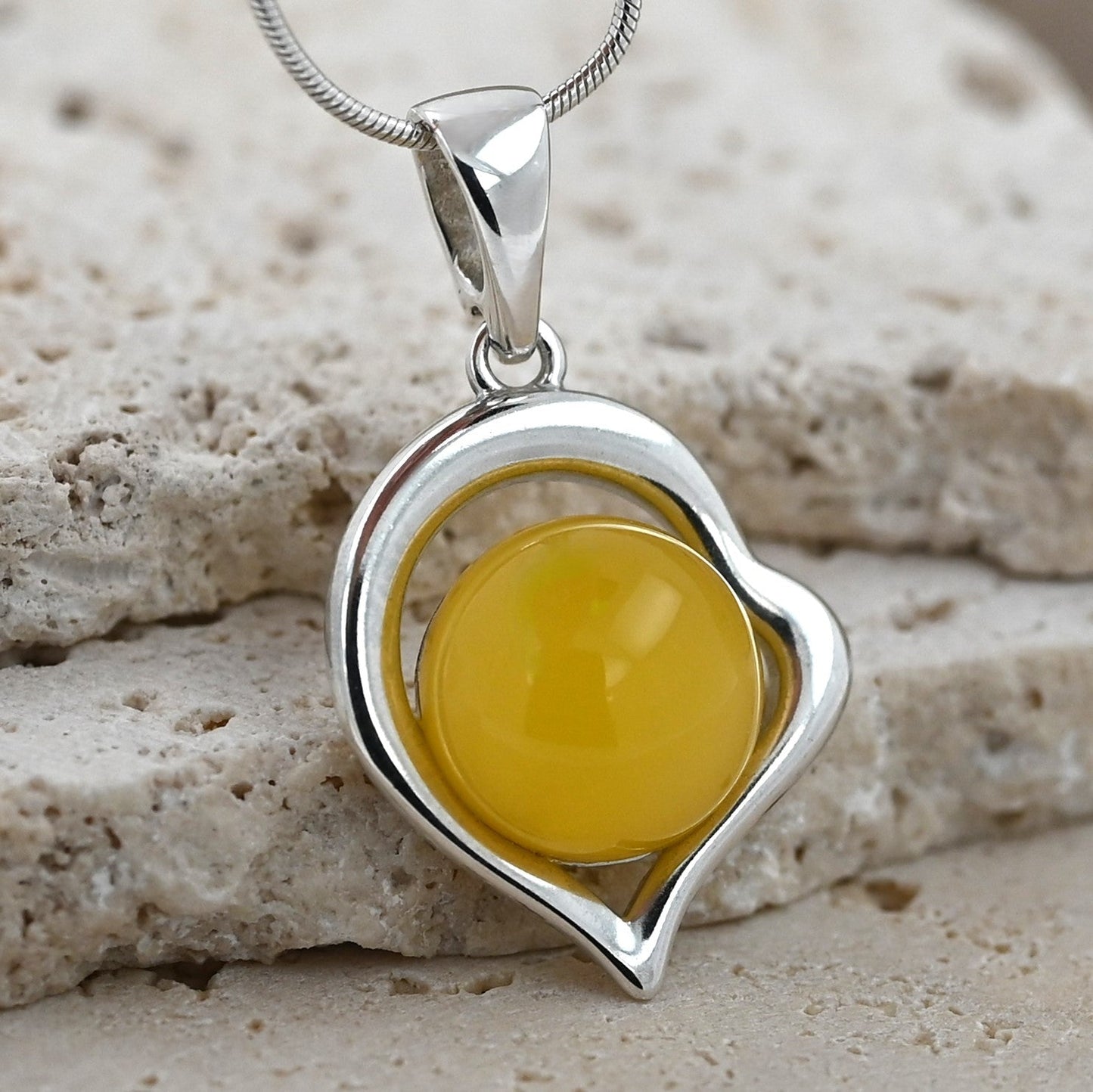 Amber Heart Pendant, Yellow, Silver 925