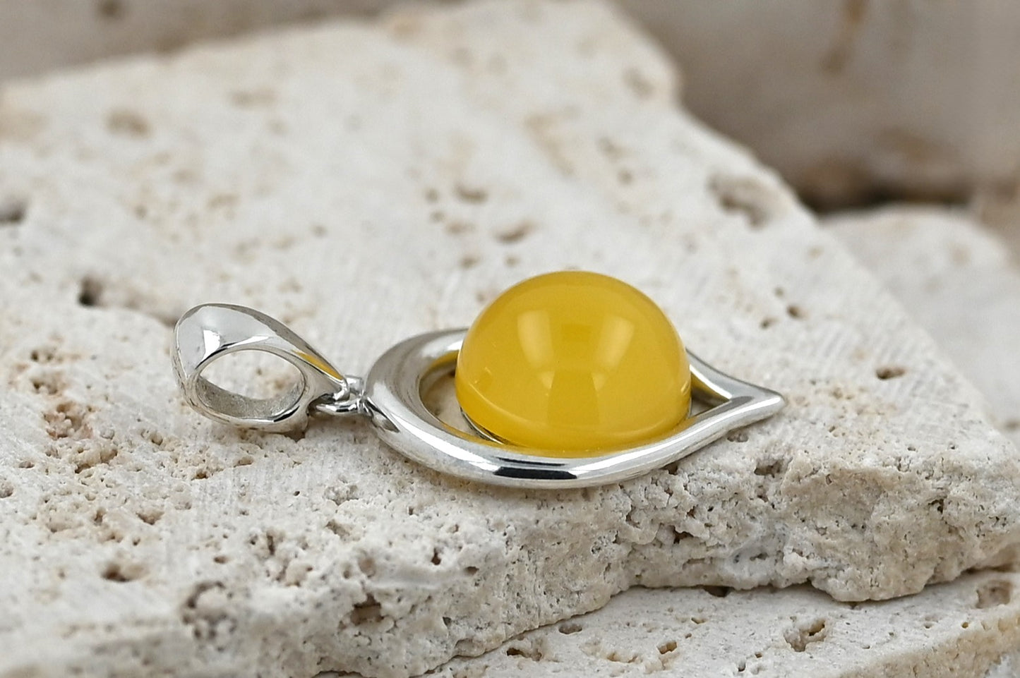 Amber Heart Pendant, Yellow, Silver 925