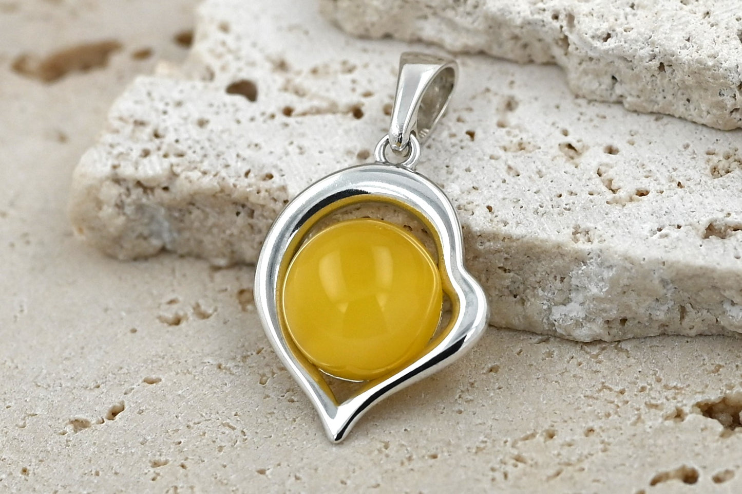 Amber Heart Pendant, Yellow, Silver 925