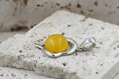 Amber Heart Pendant, Yellow, Silver 925