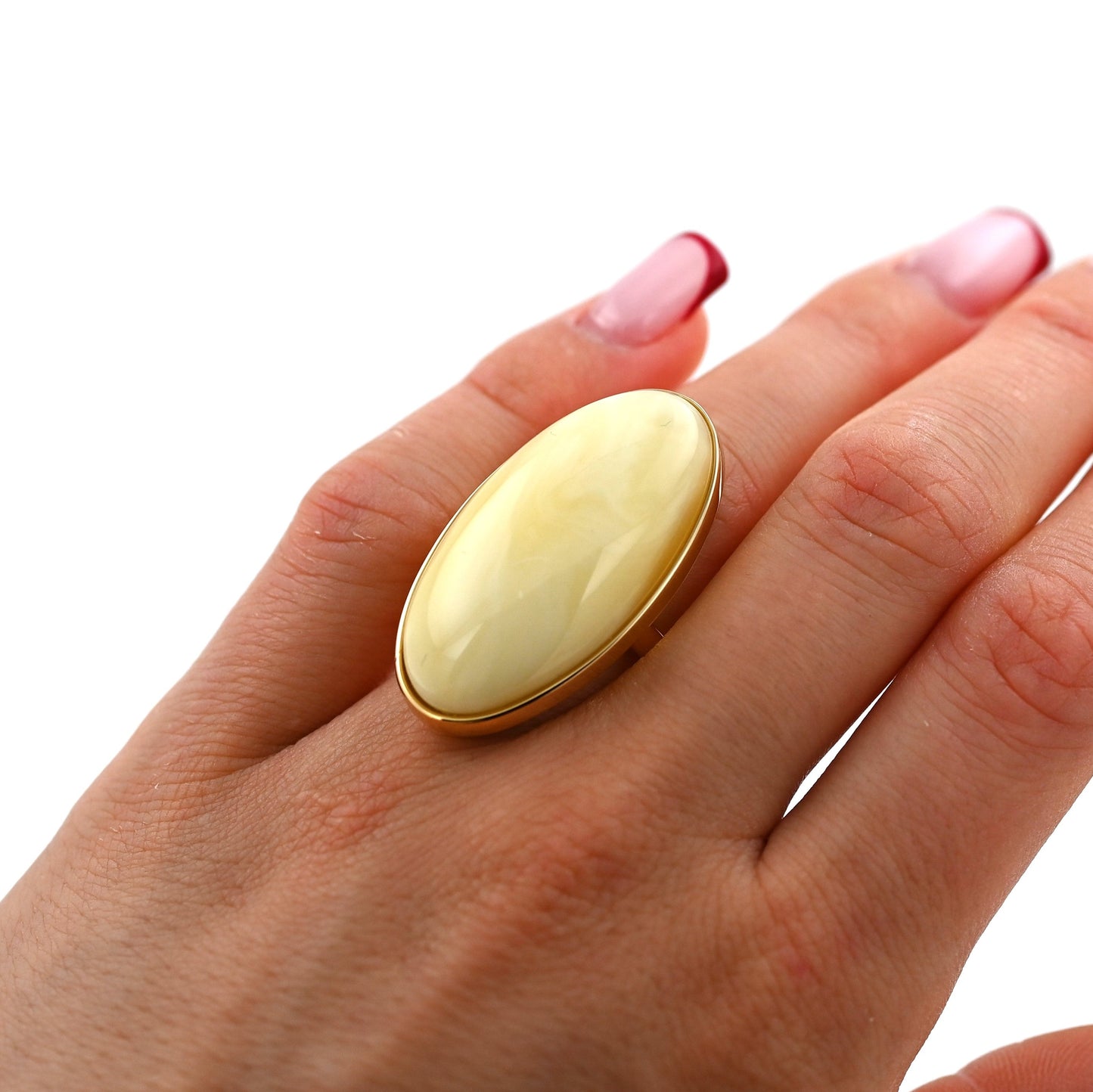 Duży Unikatowy Pierścionek Mleczny Bursztynowy, Unikat, Pozłacane Srebro 925