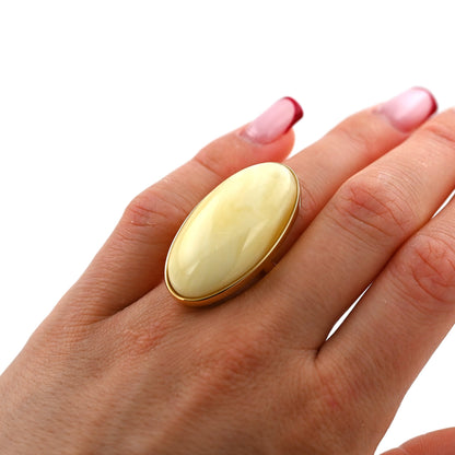 Duży Unikatowy Pierścionek Mleczny Bursztynowy, Unikat, Pozłacane Srebro 925