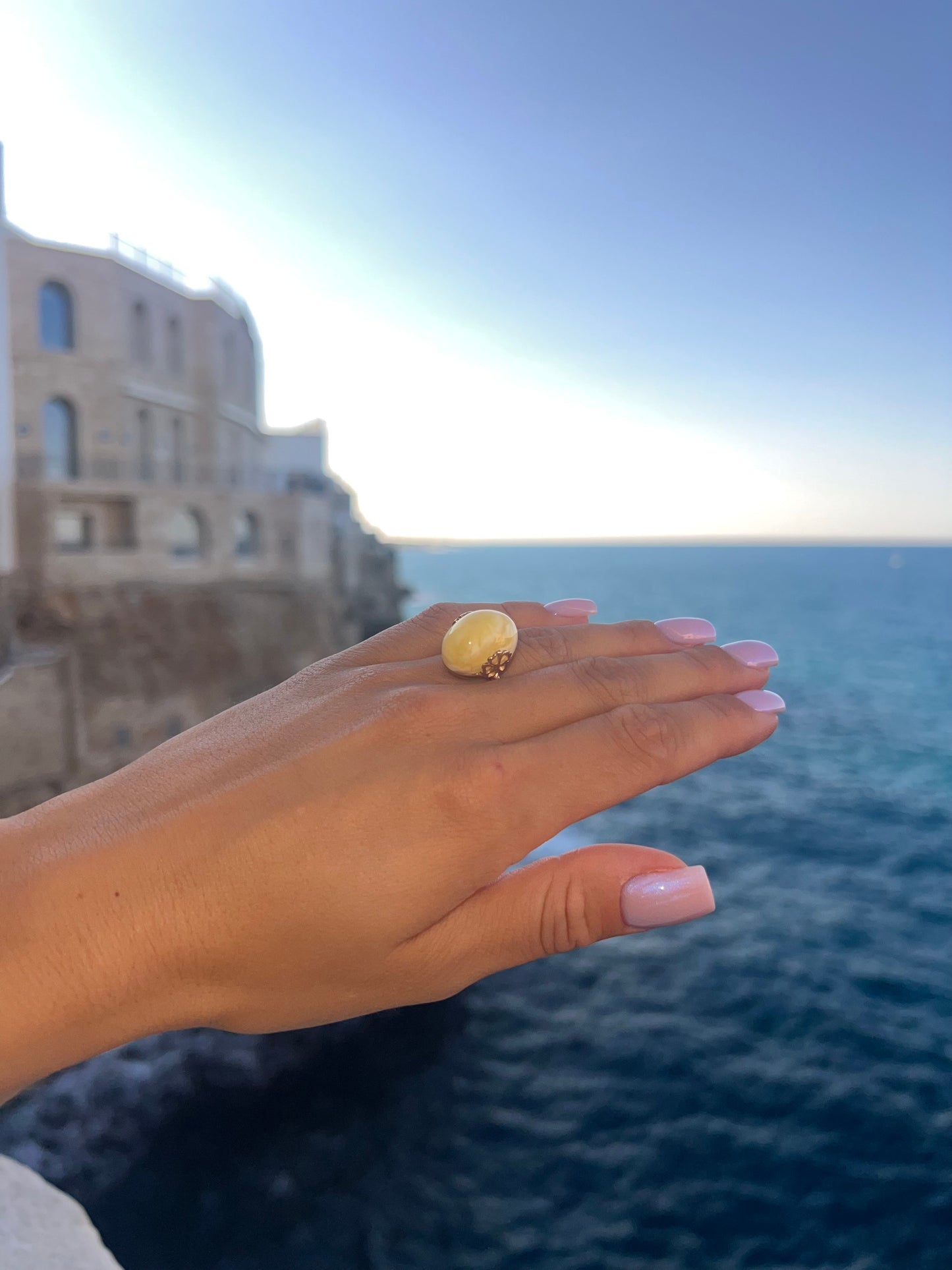 Amber Flower Ring, Milky, Gold-plated Silver