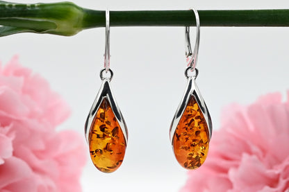 Amber Drop Earrings, Cognac, Silver