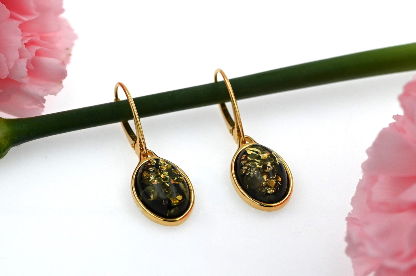 Classic Earrings Amber, Green, Gold-plated silver