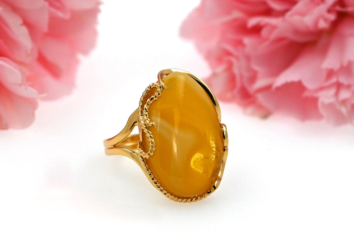 Luxury Baltic Amber Ring, Yellow, Milky, Gold-plated Silver, Unique