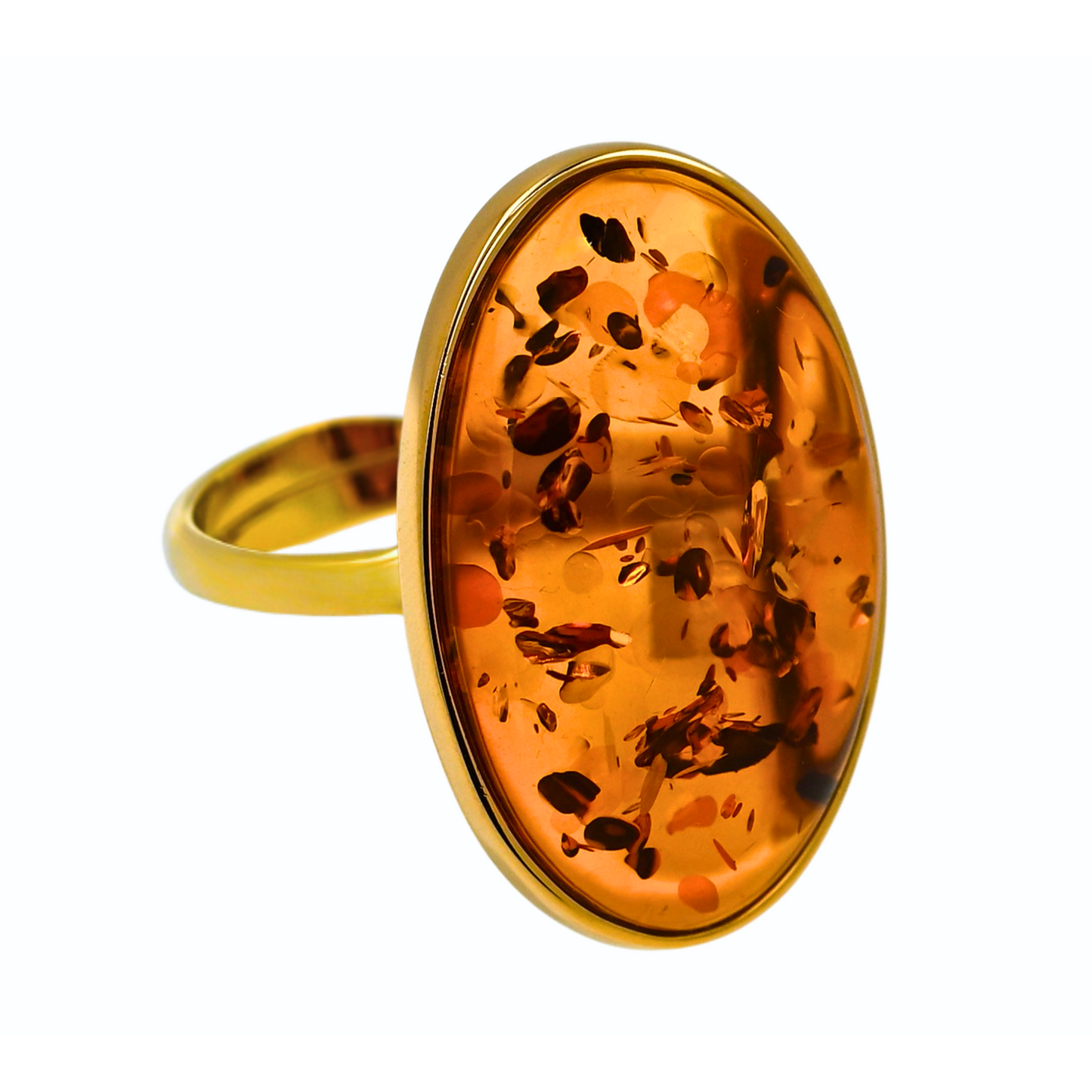 Oval Amber Ring, Cognac, Gold Plated Silver