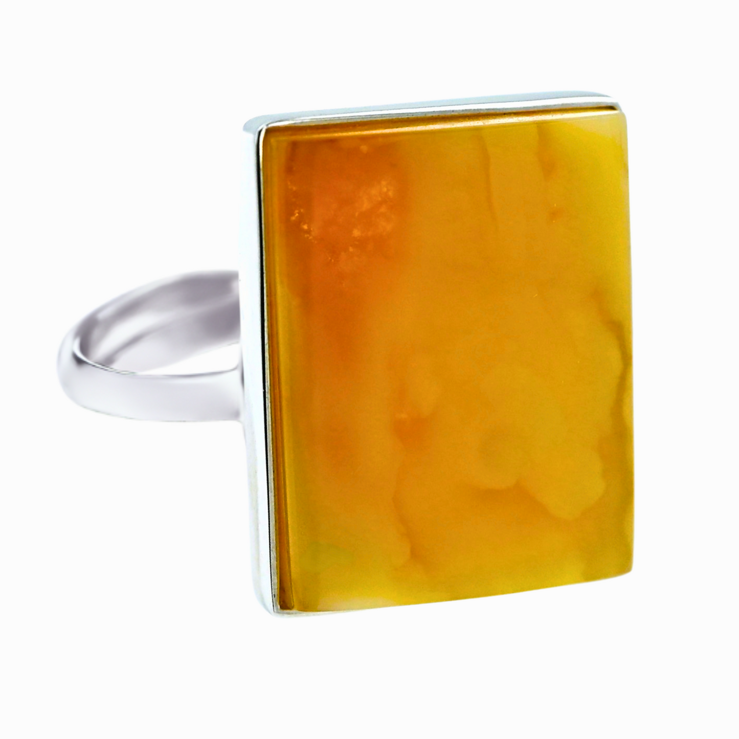 Rectangular Ring Amber, Yellow, Caramel, Silver 925, Unique