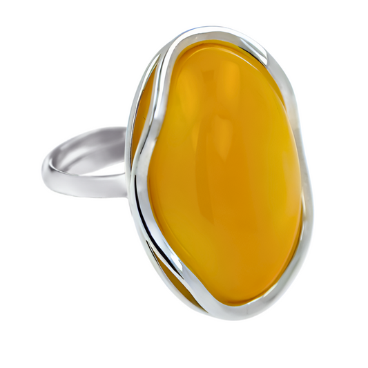 Large Amber Wave Ring, Yellow, Silver 925, Unique