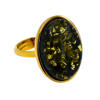 Classic Amber Ring, Green, Gold-plated Silver